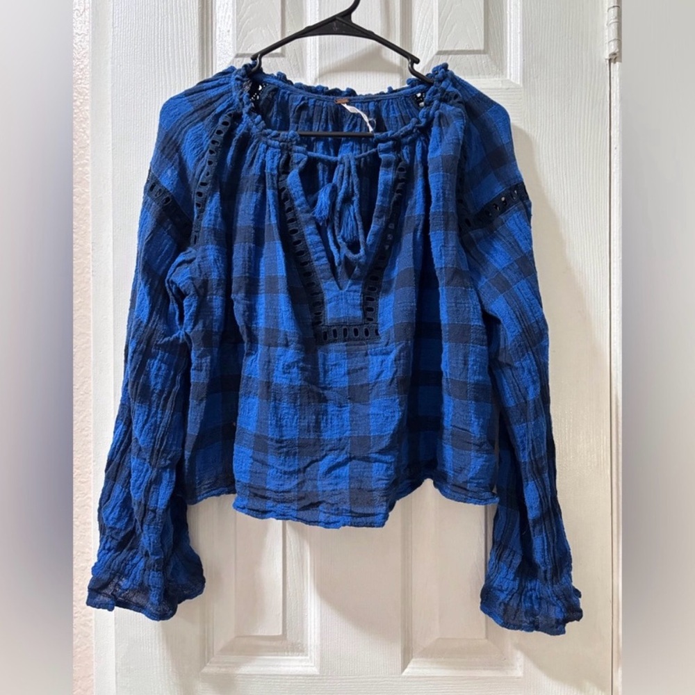 Free People Women’s S Blue Plaid Top